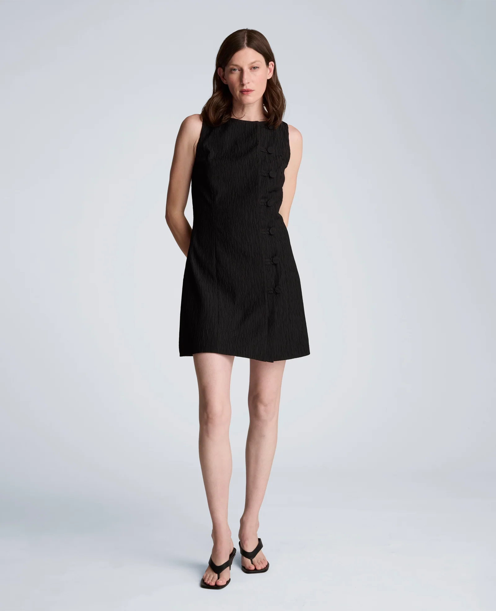 Button Front Boat Neck Sheath Short Cotton Cloque Dress