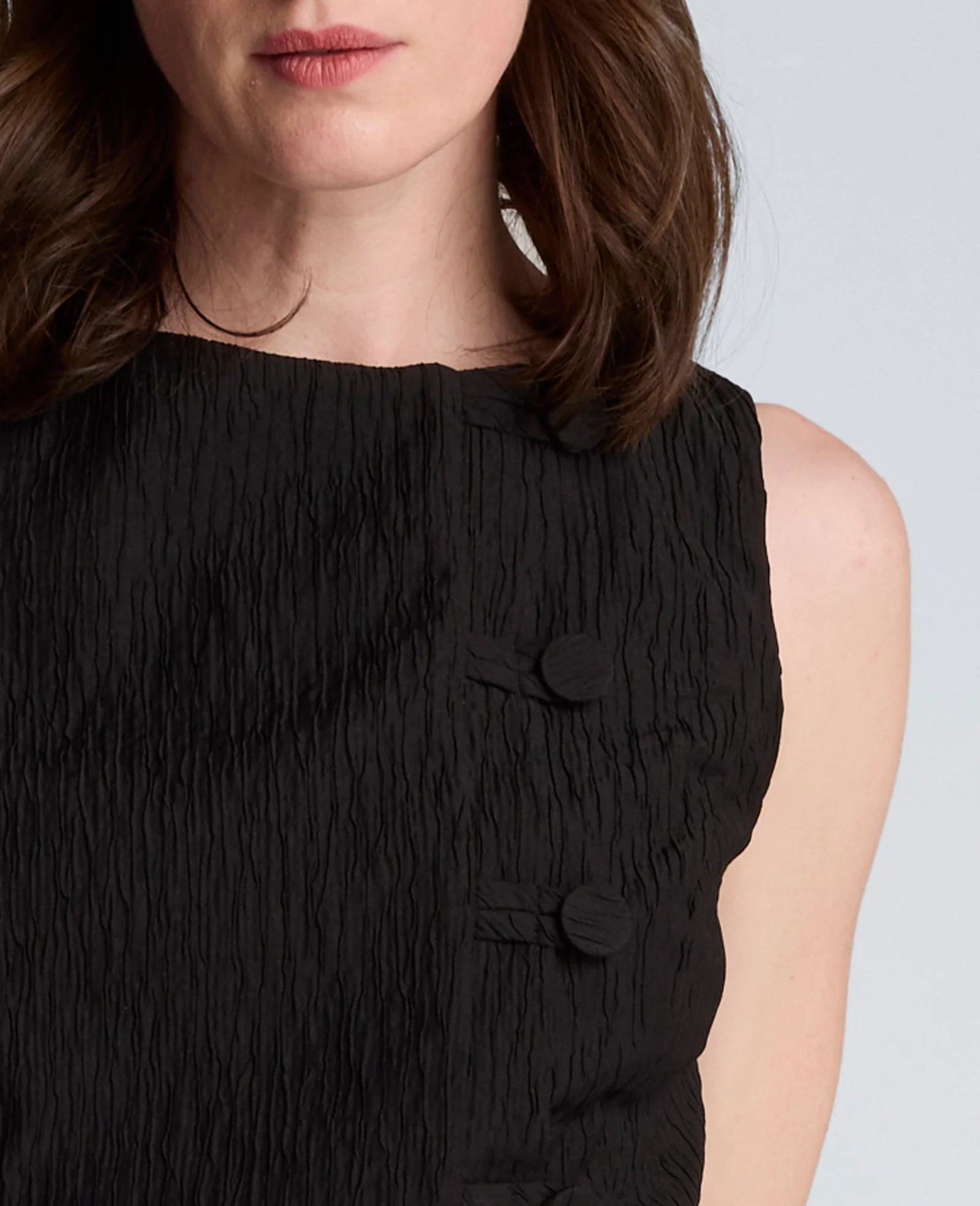 Button Front Boat Neck Sheath Short Cotton Cloque Dress - Image 4