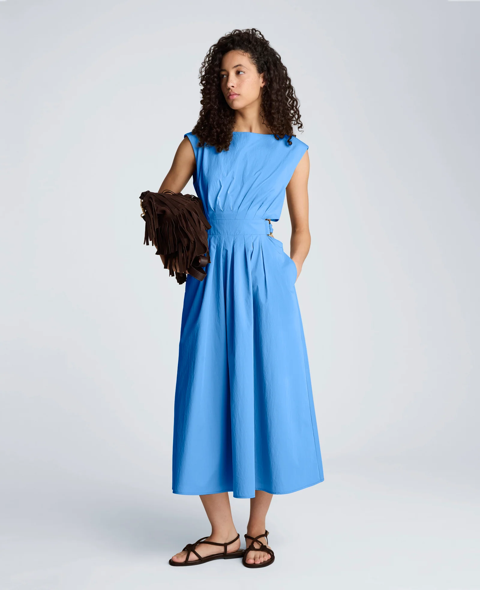 Cotton Poplin Sleeveless D-Rings Tie Midi Dress - Image 5