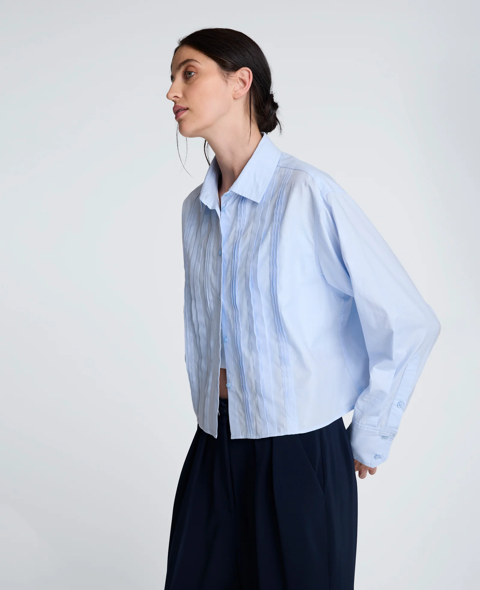 Cropped Tuxedo Style Long Sleeve Button Down Blouse - Image 4