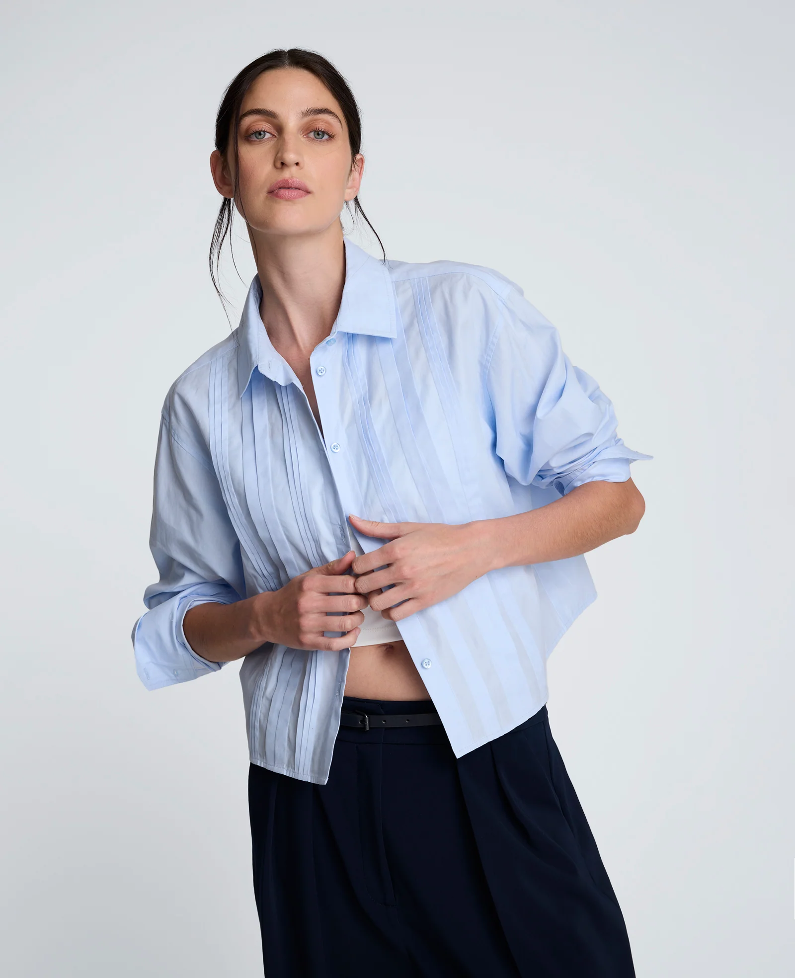 Cropped Tuxedo Style Long Sleeve Button Down Blouse - Image 5