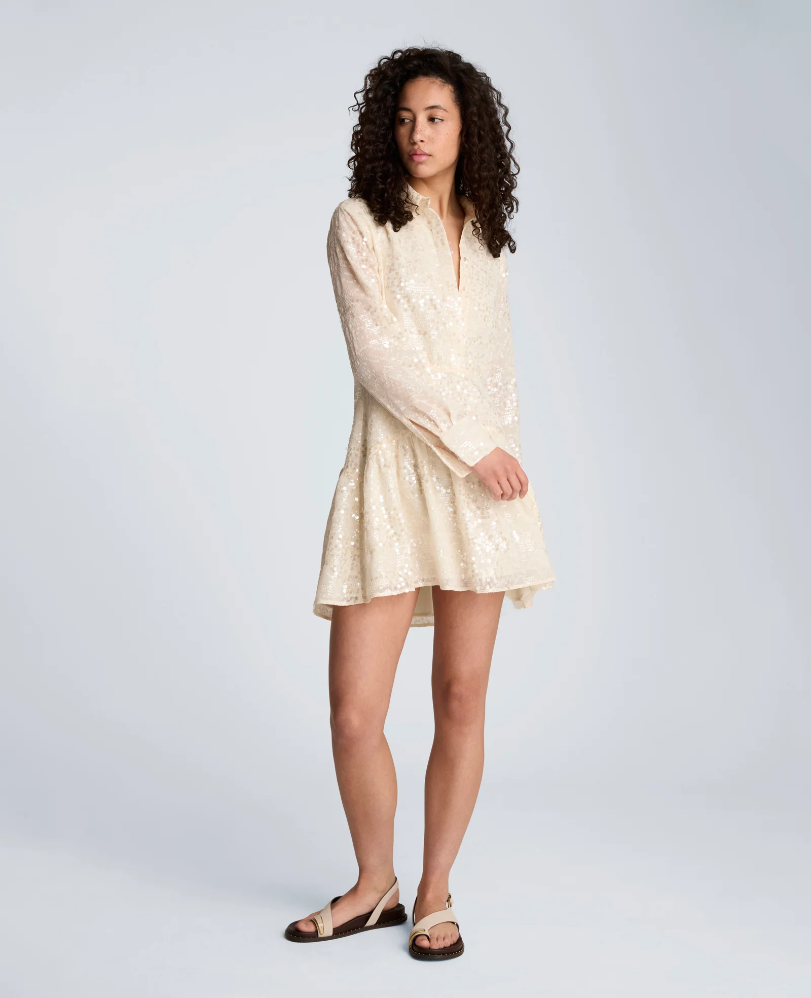 Curved Yoke Sequin Mini Long Sleeve Shirt Dress - Image 6