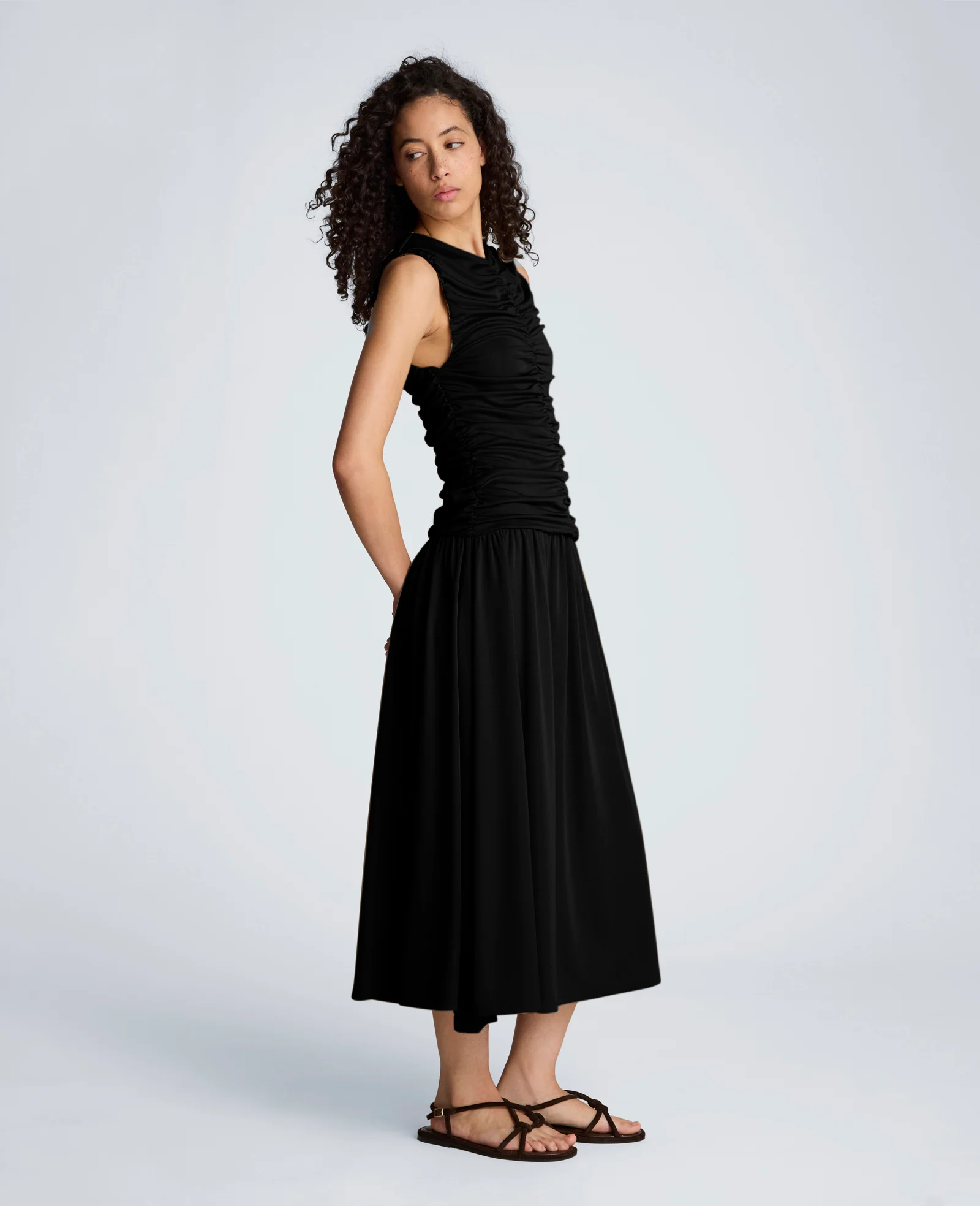Drawstring Ruched A-Line Midi Milano Jersey Dress - Image 3