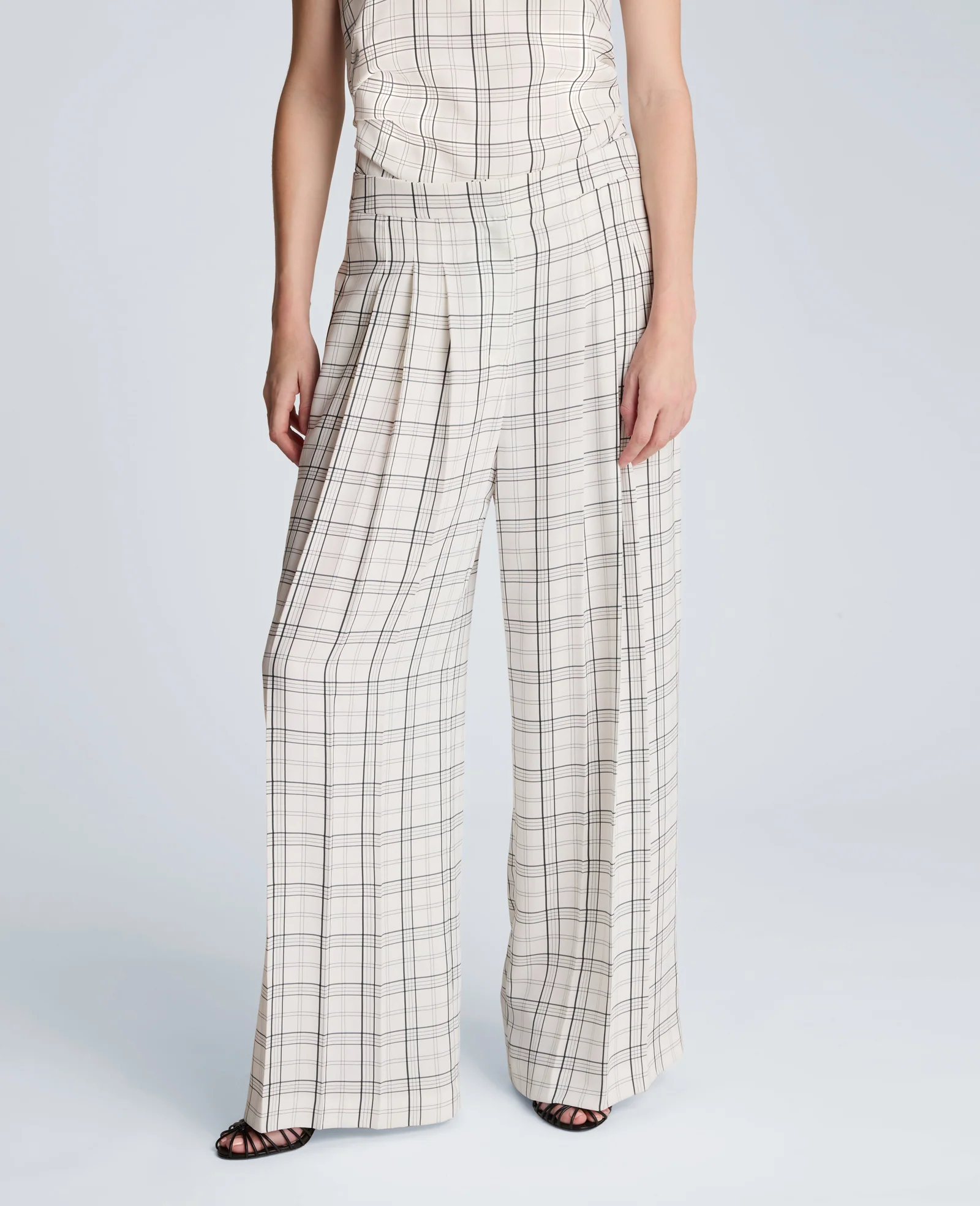 High Rise Fly Front Wide Leg Triple Pleat Lined Plaid Pant - Image 5