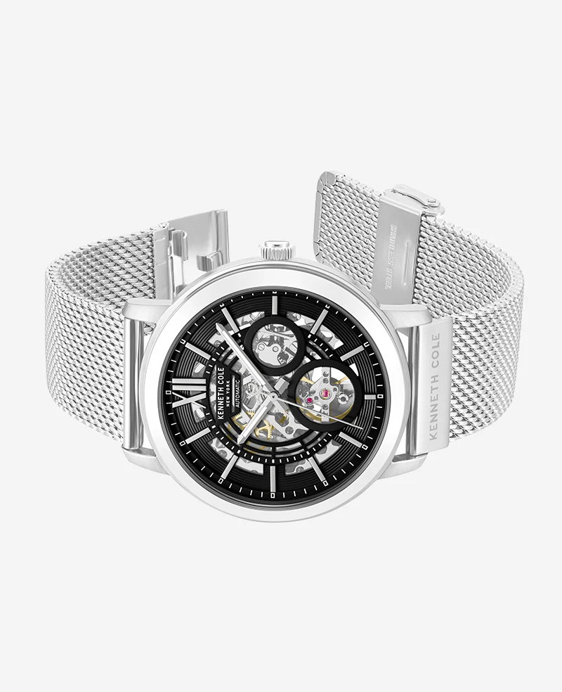 Skeleton Automatic Black Dial Stainless Steel Mesh Strap Watch - Image 5