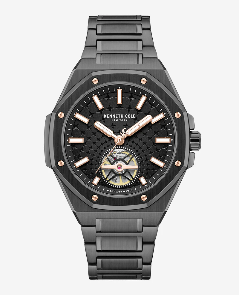 Skeleton Automatic Black Rose Gold Stainless Steel Bracelet Watch