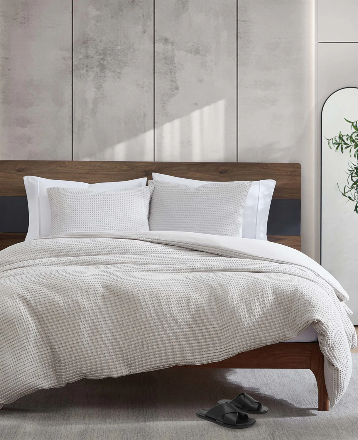 Reversible Solid Grey Waffle Duvet Cover Set - Image 3