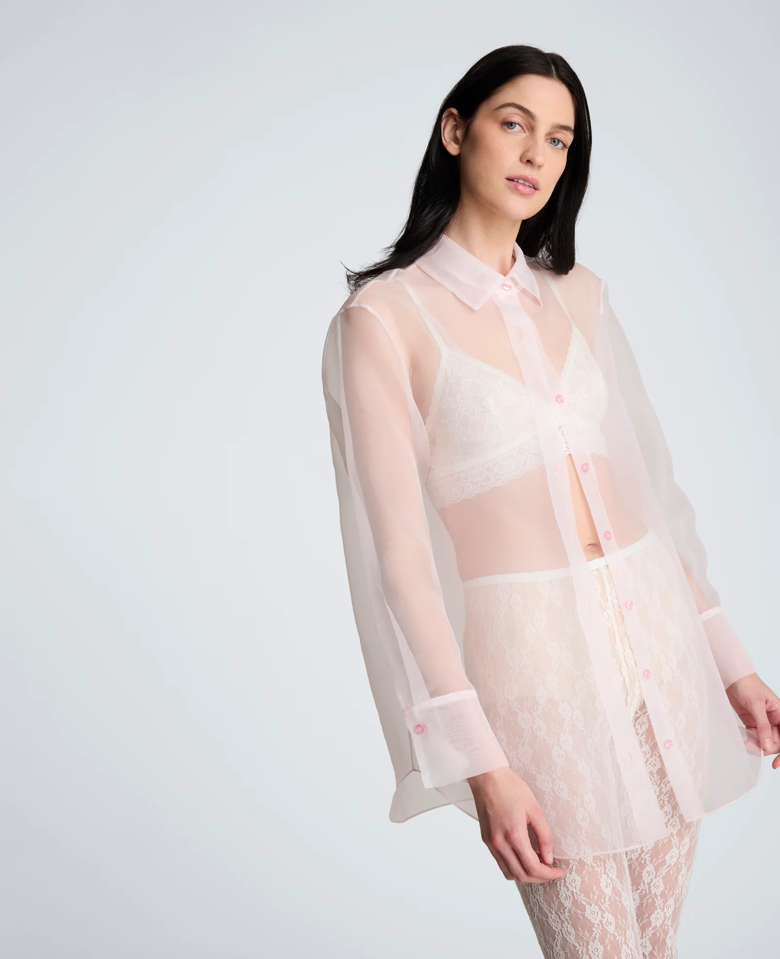 Sheer Organza Oversized Button Front Long Sleeve Shirt - Image 5