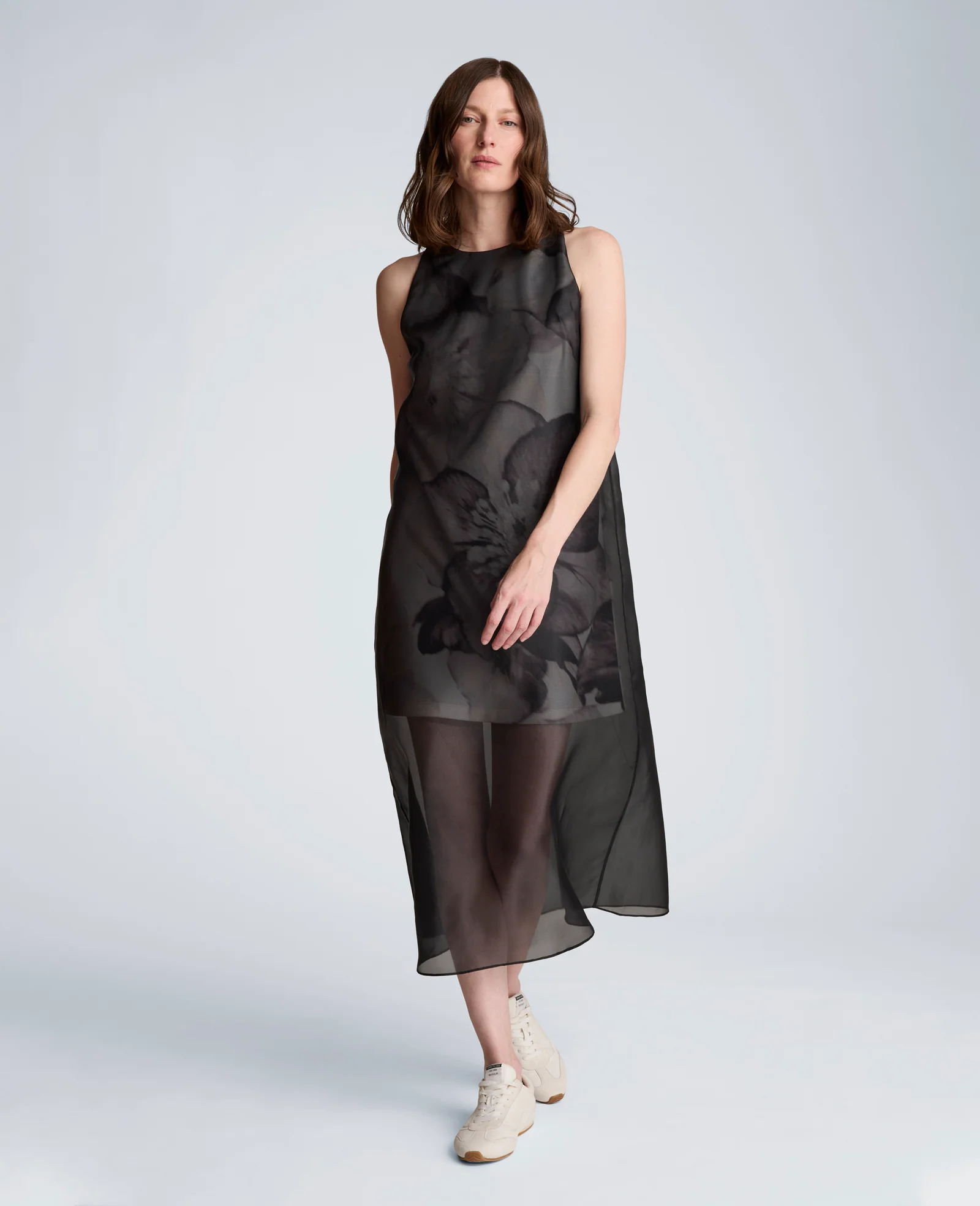 Sheer Overlay Crewneck Mini A-Line Dress