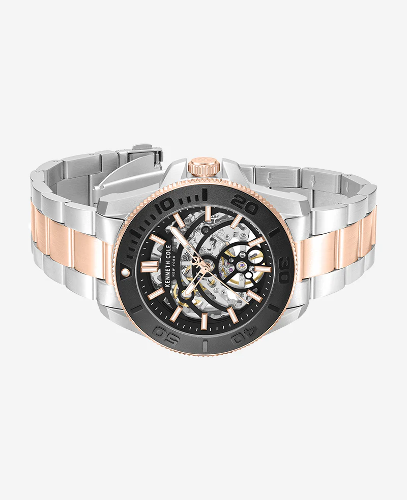 Skeleton Automatic Black Contrast Dial Two Tone Bracelet Watch - Image 4
