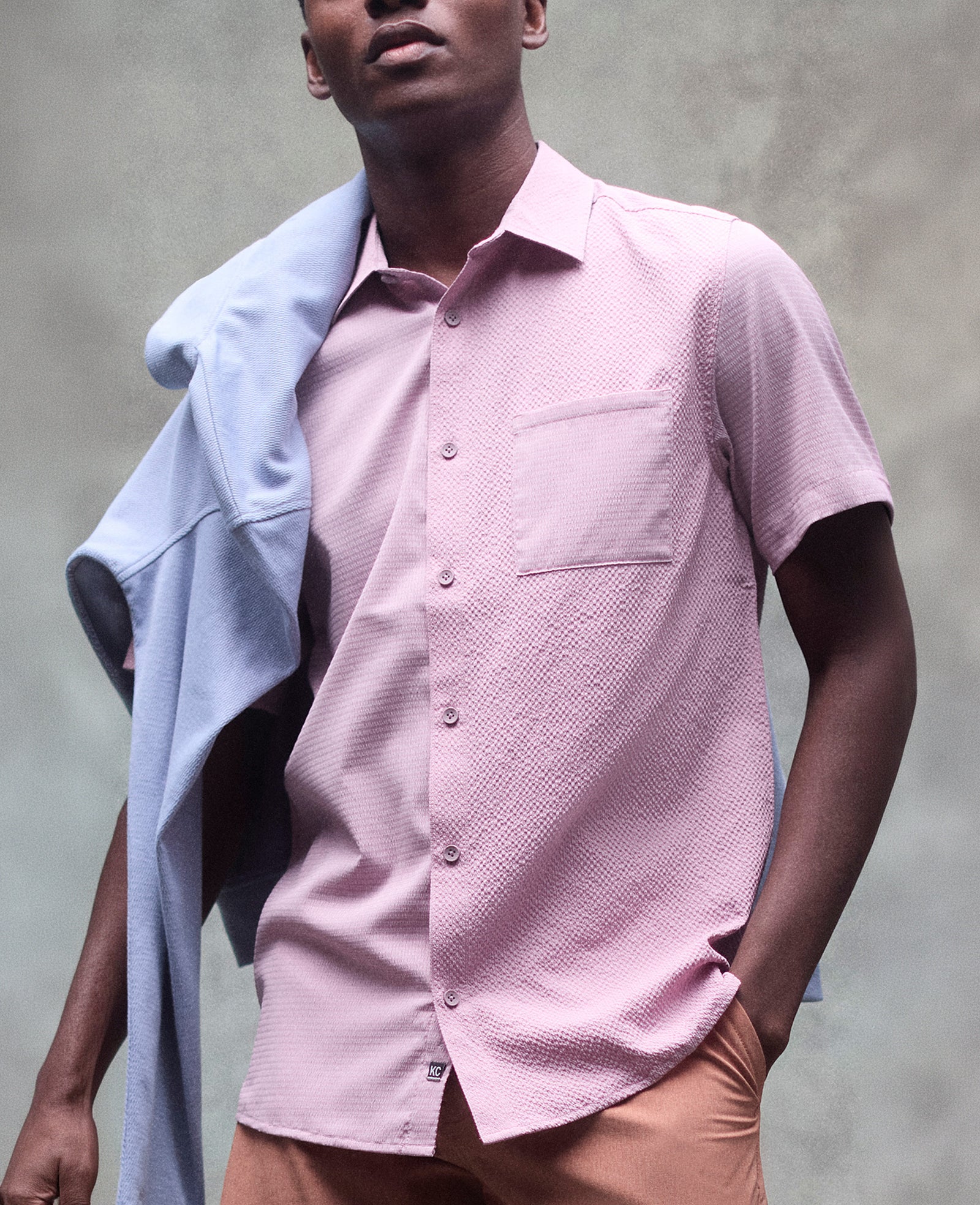 Slim Fit Short-Sleeve Mixed-Media Sport Shirt - Image 2