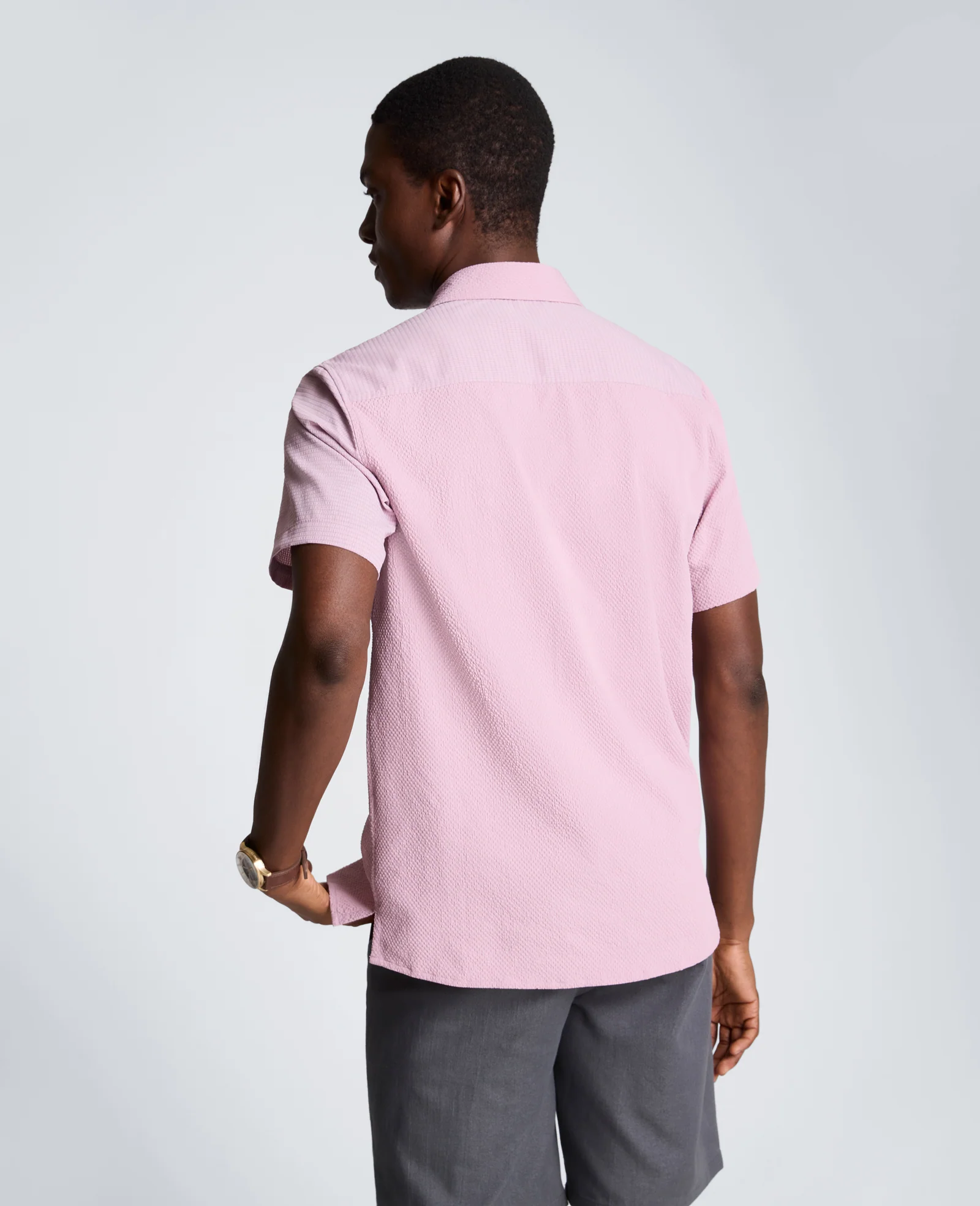 Slim Fit Short-Sleeve Mixed-Media Sport Shirt - Image 4