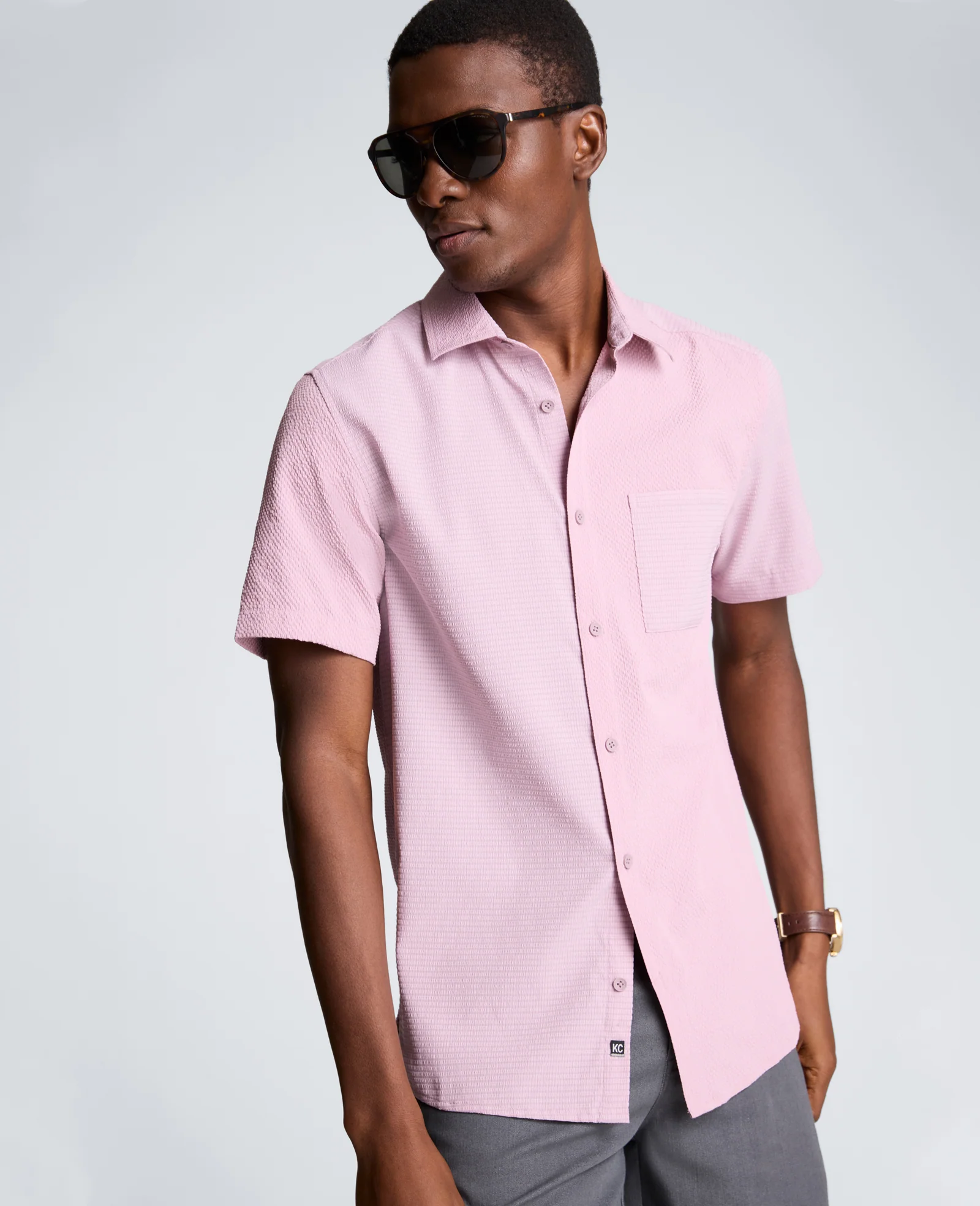 Slim Fit Short-Sleeve Mixed-Media Sport Shirt - Image 5