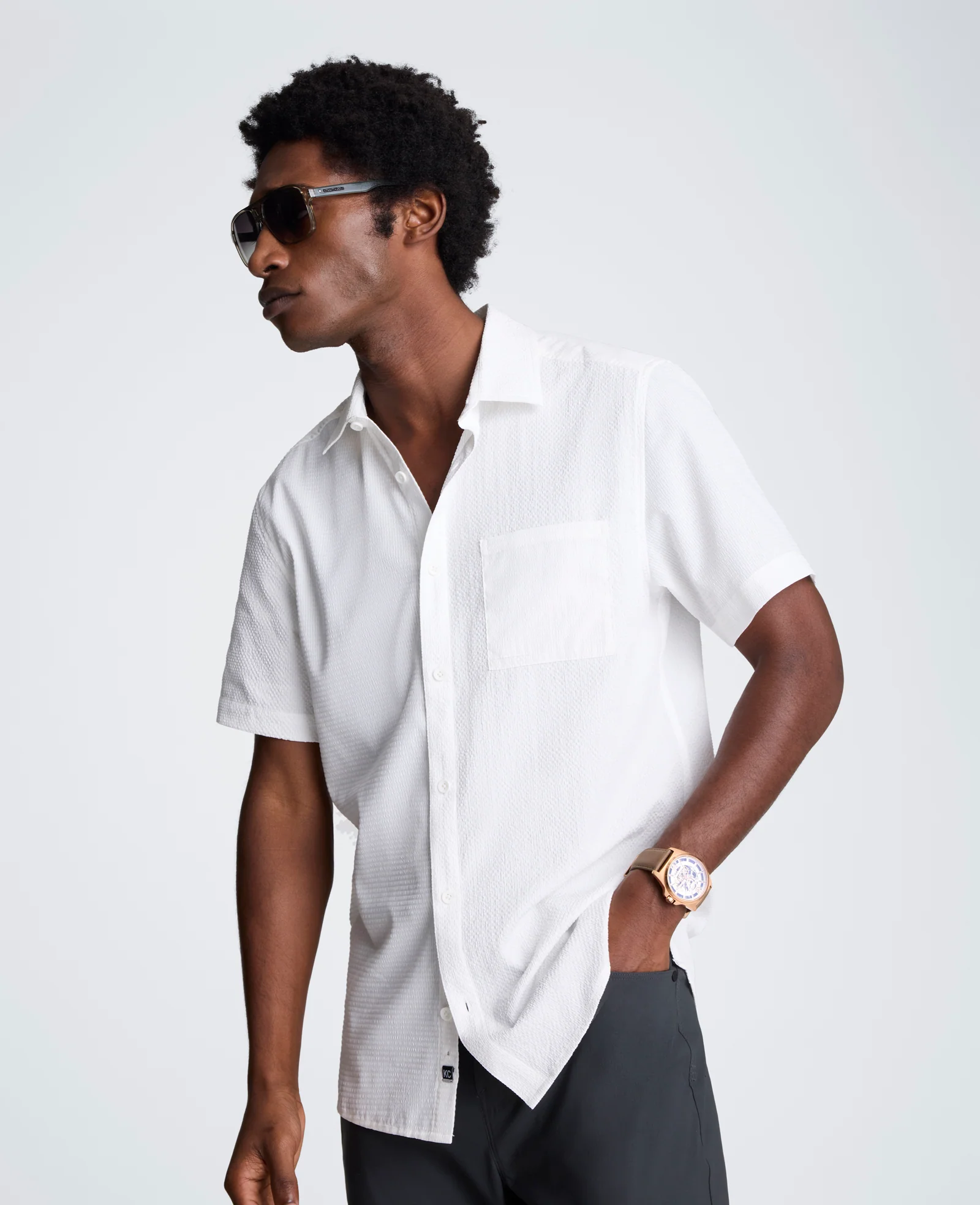 Slim Fit Short-Sleeve Mixed-Media Sport Shirt - Image 3